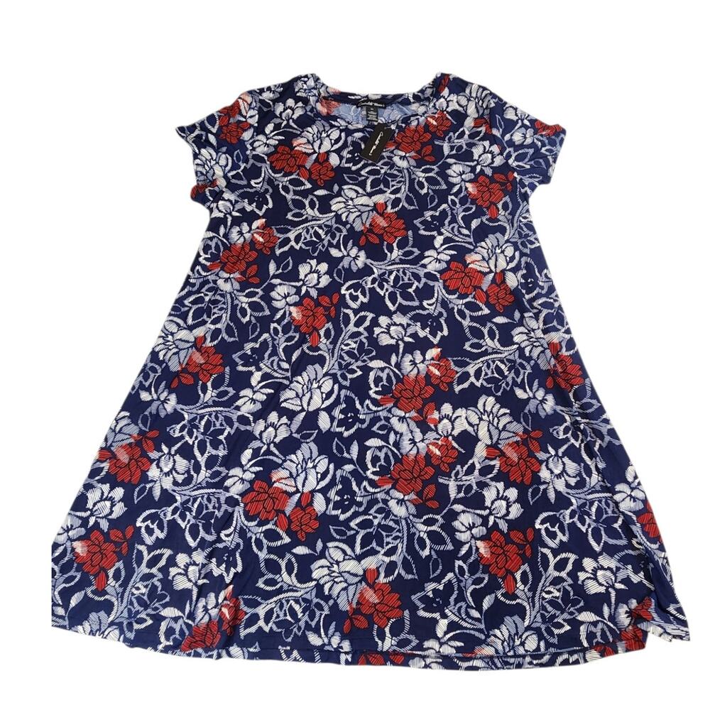 Candalite women Floral Swing Dress 3X Blue Red White Short Sleeve Tunic Plus NWT